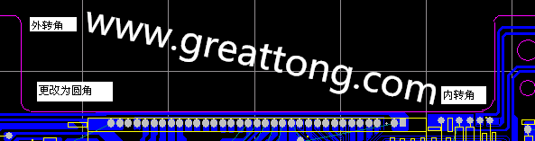PCB設(shè)計(jì)時(shí)單面板的轉(zhuǎn)角都需為圓角，R1.0mm或R2.0mm為宜。