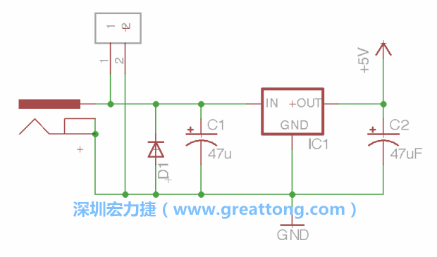 2.5.    新增一個二極體，它會以水平的狀態(tài)出現在屏幕上，請使用「旋轉（Rotate）」工具把它負極那一面朝上，并且用「網絡連接」工具將它連接在電壓調整器的輸入端和接地端之間。