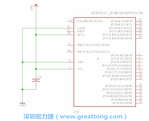 3.1.    新增微控制器晶片（RBBB → ATmega），把它放在電路原理圖的中央附近，把它的兩個接地接頭連接到接地訊號端。