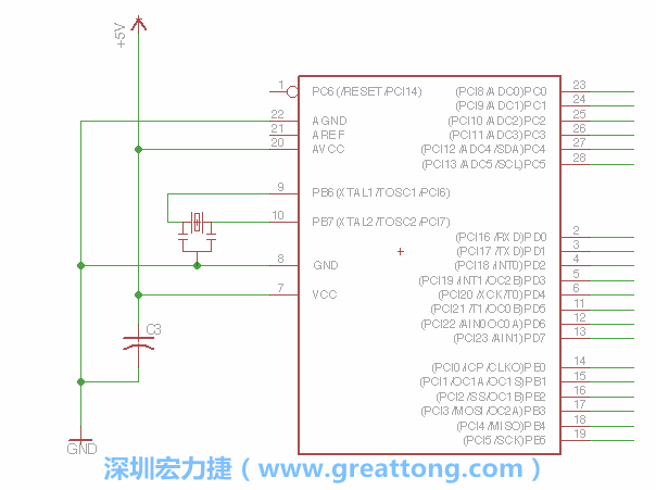 3.2.    在靠近ATmega的電源供應針腳7的位置放置一個0.1μF的電容，將它分別連接電源、接地端和針腳7。