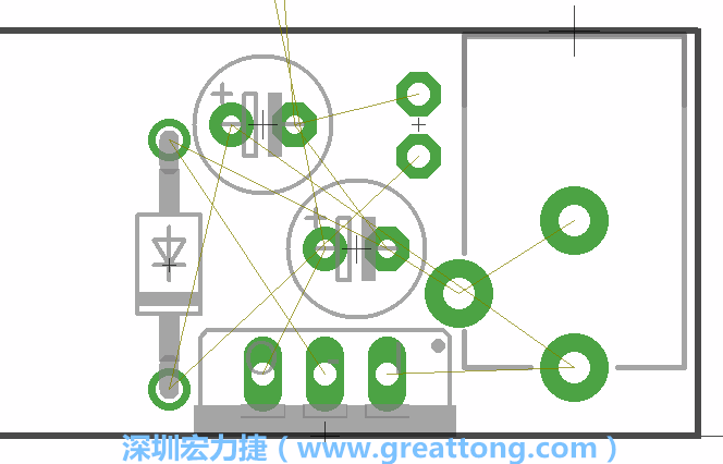 如同第一篇的步驟，我們將從電源迴路開始著手，移動電源插座（Power Jack）、電壓調整器、二極體、兩個電容和輔助接頭JP1到如上圖所示的位置。