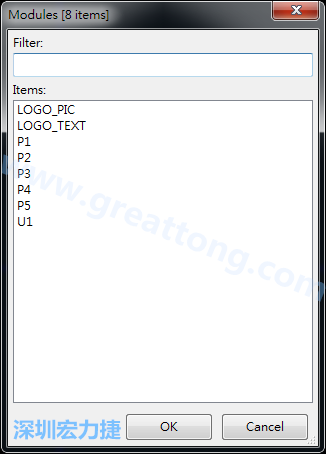 從目前正在編輯的PCB載入Module， 會顯示有那些項目可載入。點選一個， OK后即完成載入