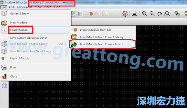 進入Module Editor去載入其他Footprint(Module)進來， 從目前的Active library (不過要先選取一個Current library ) 載入Module 或從目前正在編輯的PCB載入Module。